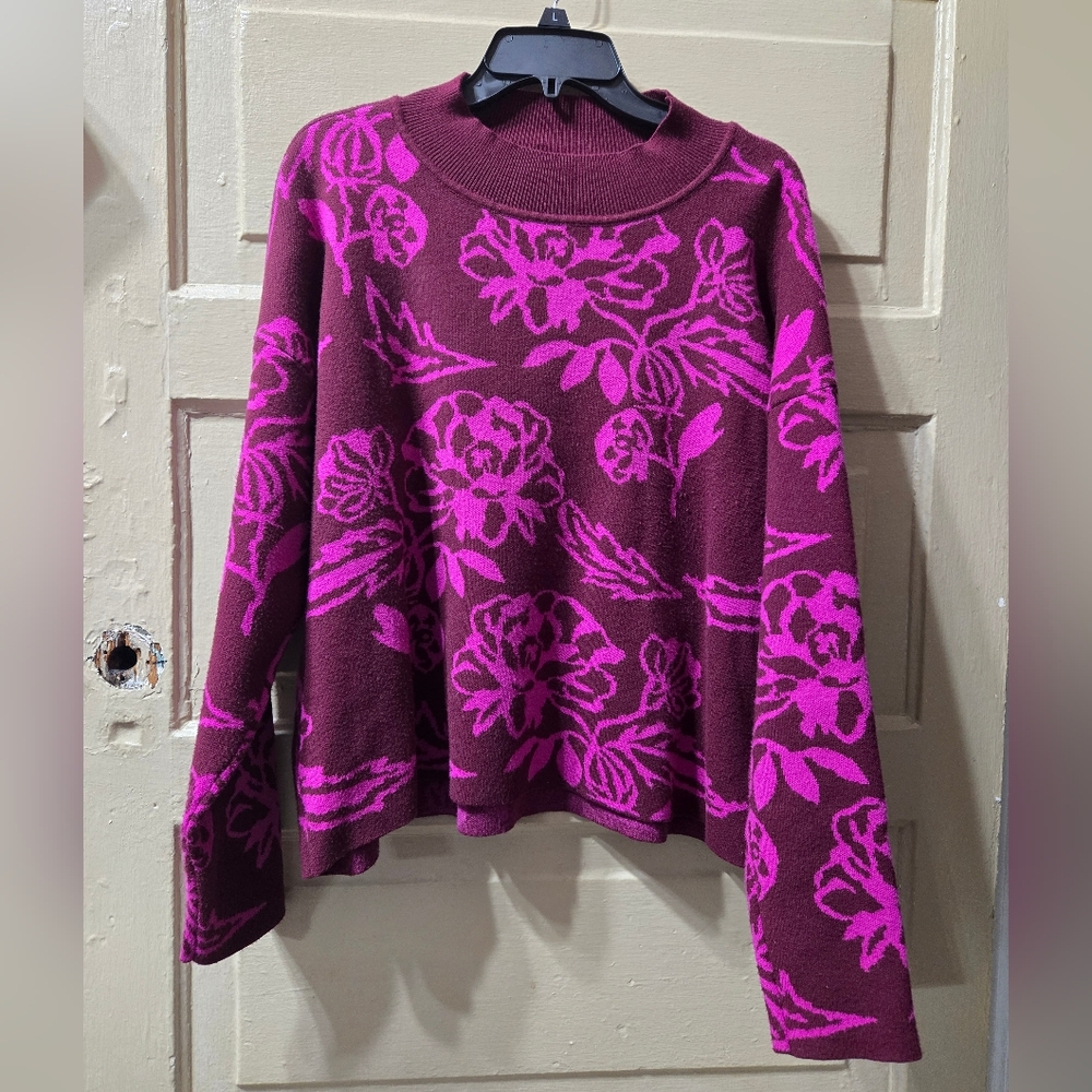 Cyrus Mock Neck Pink Purple Floral Knit Long Sleeve Sweater Size: XL